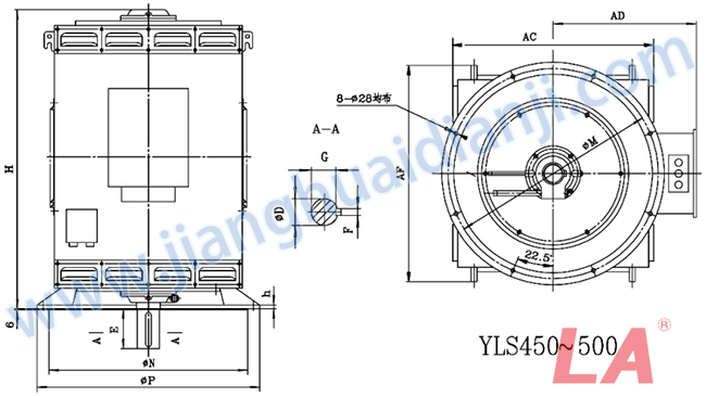 YLS系列高壓立式三相異步電動(dòng)機(jī)外形及安裝尺寸圖(YLS450-630 IP23 10KV) - 六安江淮電機(jī)有限公司