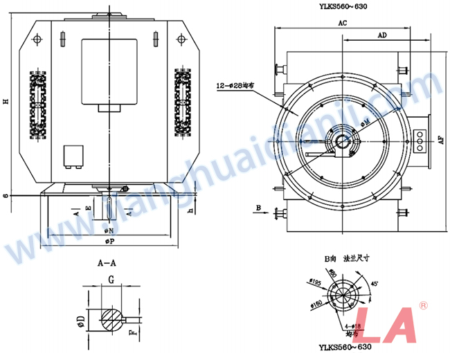 YLKS系列高壓立式三相異步電動(dòng)機(jī)外形及安裝尺寸圖(YLKS450-630 IP23 10KV) - 六安江淮電機(jī)有限公司